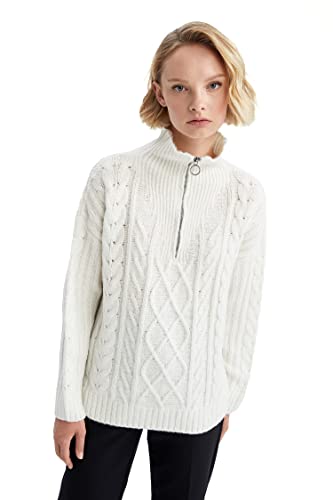 DeFacto Sweter normalny krój dla kobiet - sweter z golfem dla topów damski (ecru, XL), écru, XL