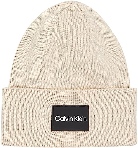 Calvin Klein Męska czapka z dzianiny z delikatnej bawełny prążkowanej, Kamień beżowy, Rozmiar uniwersalny