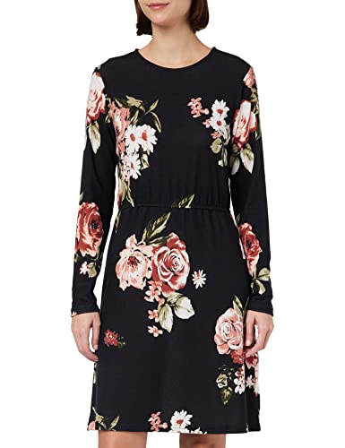 ONLY Women's ONLELCOS Emma L/S Elastic Dress JRS sukienka, Black/AOP:Rose Bouquet Flowers, L, Czarny/Aop: Rose Bouquet Flowers, L