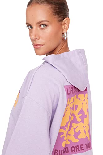 TRENDYOL Bluza damska z kapturem z logo Regular, liliowy, L