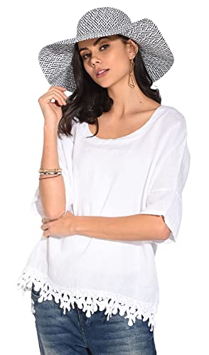 Bonateks damska top 100% lniana tunika Made in Italy, okrągły dekolt z falbanką, biała, rozmiar: XL, biały, XL