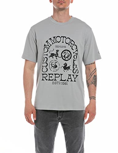Replay Męski T-shirt z krótkim rękawem z nadrukiem, szary (Light Grey 111), M, Szary 111, M