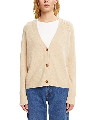 ESPRIT Z wełną: kardigan z dekoltem w serek, Sand, XL