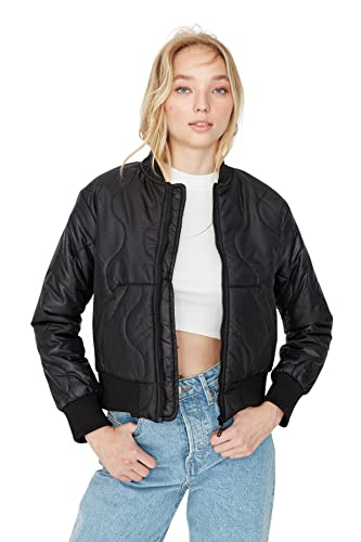 Trendyol Damska kurtka zimowa z okrągłym kołnierzem, jednokolorowa, regularna, czarna, M, Czarny