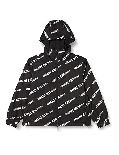 Armani Exchange Damska kurtka dwustronna, regulowana talia i bluza z kapturem, kurtka z logo, czarne hasło, bardzo duża, Black Hasło, XL
