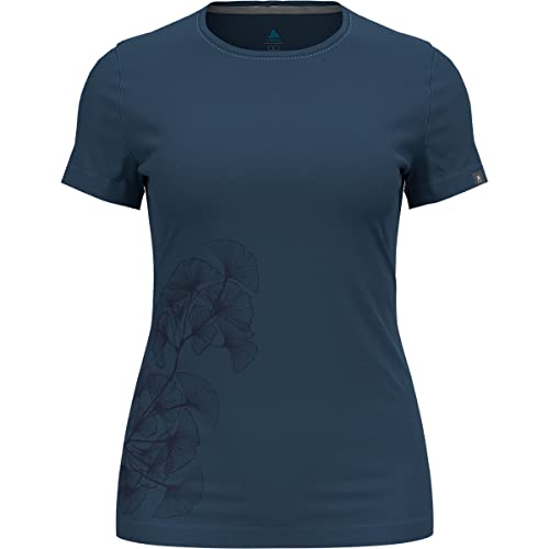Odlo Damska koszulka KUMANO z nadrukiem liści liści, z okrągłym dekoltem, Blue Wing Teal, L