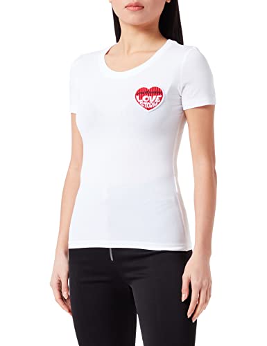 Love Moschino Tight-fit Krótkie splecione z Embroidered Love Storm Knit Effect Heart Patch Koszulka damska, Biały czerwony, 46