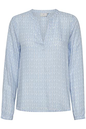 KAFFE Damska bluzka z długim rękawem V-Neck, Niebieski/Chalk Fan Print, 46