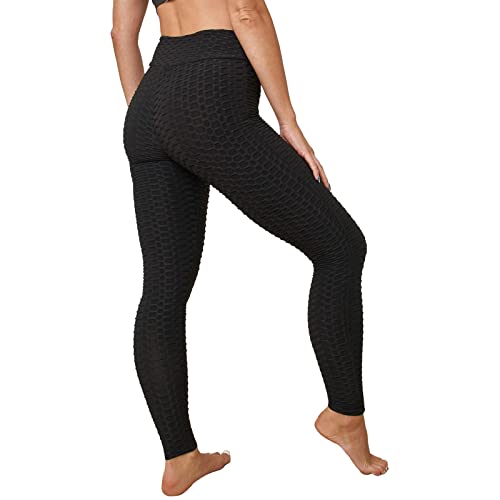 OHS Honeycomb Ruched High Waist Legginsy dla kobiet joga siłownia spodnie gofry antycellulitowe stretch Scrunch damskie Push Up, czarne - średnie 10/12