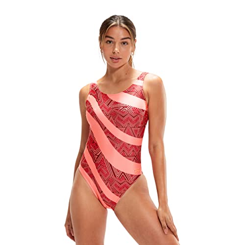 Speedo Damski kostium kąpielowy z głębokim dekoltem w kształcie litery U czerwony/pomarańczowy, Oxblood/miękki koral, 38