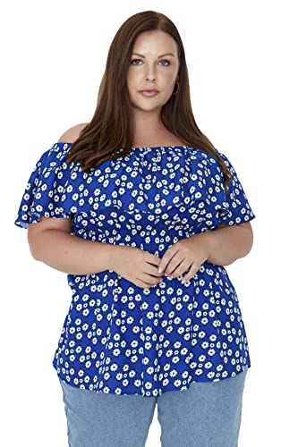 Trendyol Damska damska damska regularna z odkrytymi ramionami Carmen kołnierz tkana bluzka plus size, niebieska, 50, NIEBIESKI