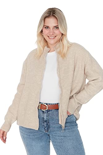 Trendyol Damski regularny standardowy kołnierz stojący dzianina plus size kardigan sweter, KAMIEŃ, 3XL