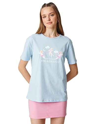 Koton Damska koszulka z nadrukiem sloganów z napisem Mit Ärmeln Rundhalsausschnitt, Niebieski (648), S