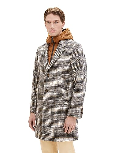 TOM TAILOR Męski płaszcz wełniany 1037348, 32523, beżowy, brązowy, wool check, S, 32523 – beżowy brązowy wool Check, S