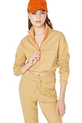 TRENDYOL Damska bluza Crew Neck Plain Regular, piaskowy, M