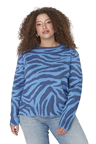 Trendyol Damska bluza z okrągłym dekoltem, żakardowa, dopasowana bluza plus size, niebieska, XL, NIEBIESKI