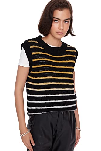 TRENDYOL Damska kamizelka z okrągłym dekoltem w paski, regularna, z dzianiny, czarna, L, czarny, L