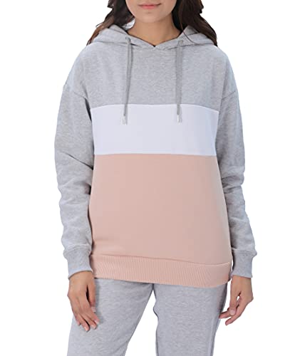 M17 damski damski pasek kolorowy blok bluza pulower miękki przytulny swobodny kaptur bluza z kapturem z długim rękawem sweter (XL, szary) damski, Szary, L