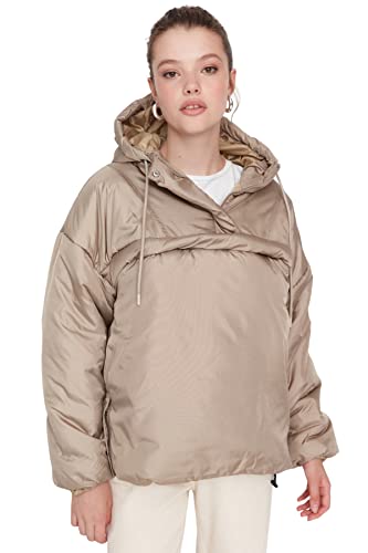 Trendyol Damska kurtka zimowa z klapą, jednokolorowa, oversize, beżowa, S, BEŻOWY