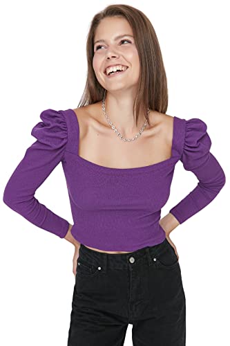Trendyol Damska damska damska oversize, standardowa, kwadratowa, dzianinowa, bluzka, fioletowa, L, Fioletowy, L