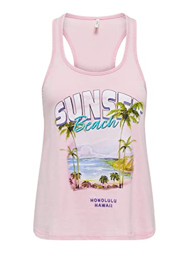 Bestseller A/S Damskie ONLLUCY S/L Beachy Box JRS Top, Candy Pink/Print:Beach, XS, Candy Pink/Nadruk: plaża, XS