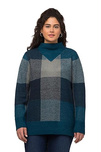 Ulla Popken Damski sweter w kratkę, stójka, długi rękaw, Niebieski ocean, 58-60 duże rozmiary