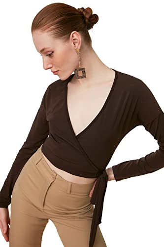 TRENDYOL Damska bluzka Tendyol Breaked Crop z dzianiny, brązowy, L