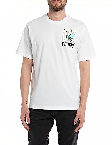 Replay Męski T-shirt z krótkim rękawem, okrągły dekolt, Natural White 011, M