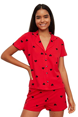 Trendyol Damska koszulka z dzianiny w kształcie serca - spodnie zestaw piżamy, Czerwony, L