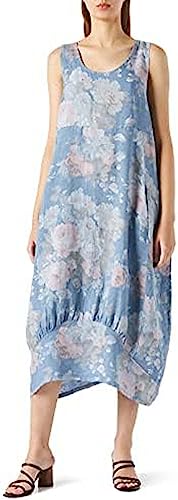 Bonateks, Długa sukienka z dekoltem w serek i nadrukiem kwiatowym, 100% len, rozmiar DE:36 rozmiar US:S, granatowy - wyprodukowano we Włoszech, niebieski, 36