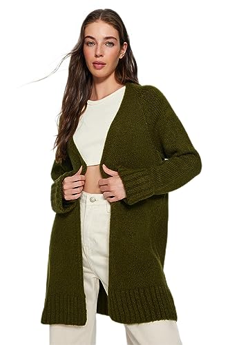 Trendyol FeMan Oversize Basic kardigan z dzianiny z dekoltem w serek, khaki, S, Khaki, S
