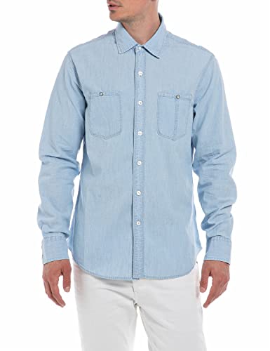 Replay Męska koszula dżinsowa z długim rękawem z mieszanki bawełny, 010 Light Blue, XL