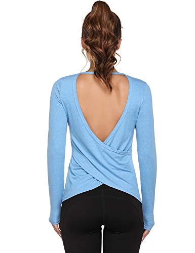 Sykooria T-shirt damski, koszulka sportowa, bez pleców, długi rękaw, koszulka treningowa, szybkoschnąca, elastyczna, do jogi, na siłownię, niebieski, M