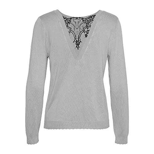 Vero Moda Damska bluzka Vmglory Ls V-Back Lace Bluzka Ga Boo Sweter, Jasnoszary melanż/szczegóły: czarna koronka, M
