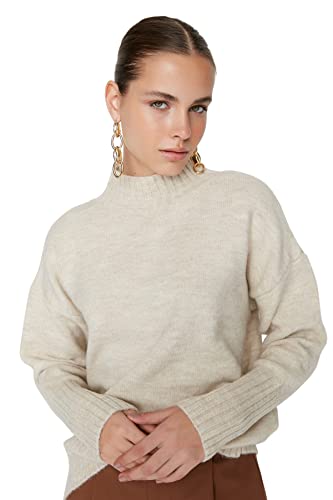 Trendyol Damska bluza z kapturem z wysokim dekoltem, zwykła, Ecru, M, Ecru, M