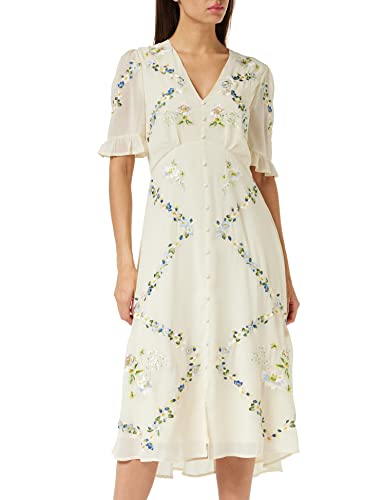 Hope & Ivy Damska sukienka midi z haftem The Astrid z guzikami z przodu i rękawami z falbanką, na specjalne okazje, kremowy, 38