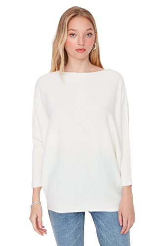 Trendyol Damska bluza z dekoltem w łódkę, zwykły sweter, Ecru, L