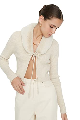 Trendyol Damski regularny krój podstawowy dekolt w serek dzianinowy kardigan beżowy, BEŻOWY, L