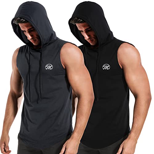 MEETWEE Męski tank top, koszulka sportowa z kapturem, bez rękawów, na siłownię, do biegania, treningu, czarny+szary, L