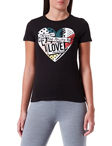 Love Moschino Damska koszulka slim fit z krótkim rękawem z patchworkowym nadrukiem serca, czarny, 44