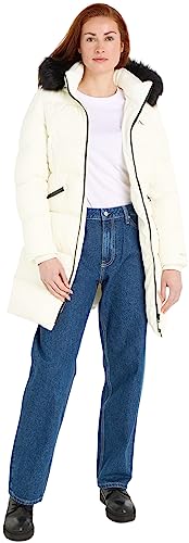 Calvin Klein Jeans Damskie sztuczne futro z kapturem dopasowane długie wyściełane płaszcze JKT, kość słoniowa, M