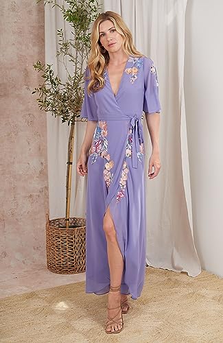 Hope & Ivy Damska sukienka maxi z haftowanym rękawem z wiązaniem w talii na specjalne okazje, liliowy, 42