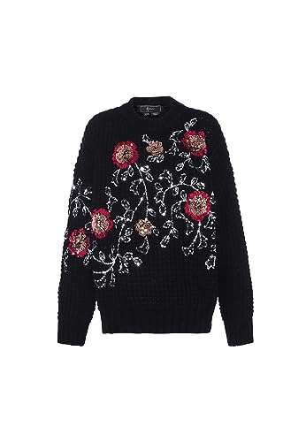 faina Damski sweter z cekinami, kwiat, okrągły dekolt, sweter, sweter, czarny, rozmiar XL/XXL, czarny, XL