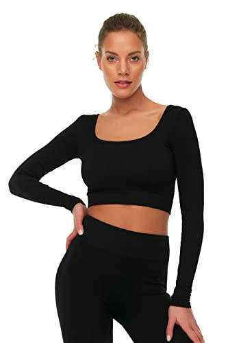 Trendyol Women's SCHWARZER Square COLRAR bezszwowa bluzka do sportów zbożowych, Blouse, Black, Extra Small