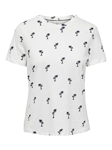 ONLY Women's ONLBONE REG S/S AOP TOP Box JRS T-Shirt, Cloud Dancer/Print:Palm, L, Cloud Dancer/nadruk: palm, L