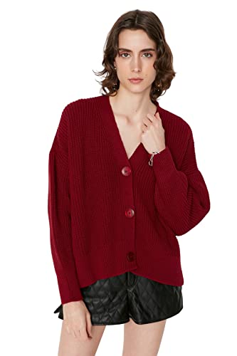 Trendyol Damski kardigan z dzianiny oversize z dekoltem w serek, Burgund, S
