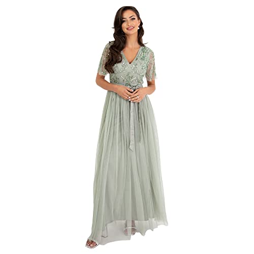 Maya Deluxe Kobiety Maxi Dress Ladies Ball Gown na wesele Guest Embellished Tie Waist V Szyja Dziewczyna Sukienka Damska, Zielona Lily, 54