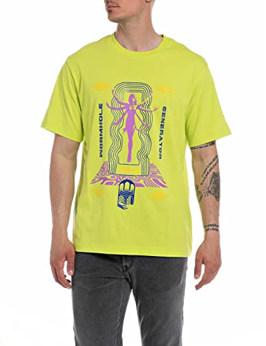 Replay T-shirt męski z krótkim rękawem z nadrukiem, 732 zielony, XL