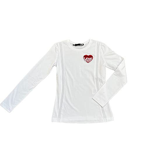 Love Moschino Obcisła koszulka damska z długimi rękawami z bokami, zawijane logo, elastyczny sznurek i haftowana naszywka z sercem Love Storm, Optyczny biały, 64