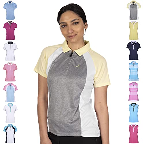 Under Par Damska koszulka polo do golfa UPLTS1673 kontrastowa szybkoschnąca z zamkiem błyskawicznym z krótkim rękawem, Heather Marl/White/Lemon, rozmiar 12